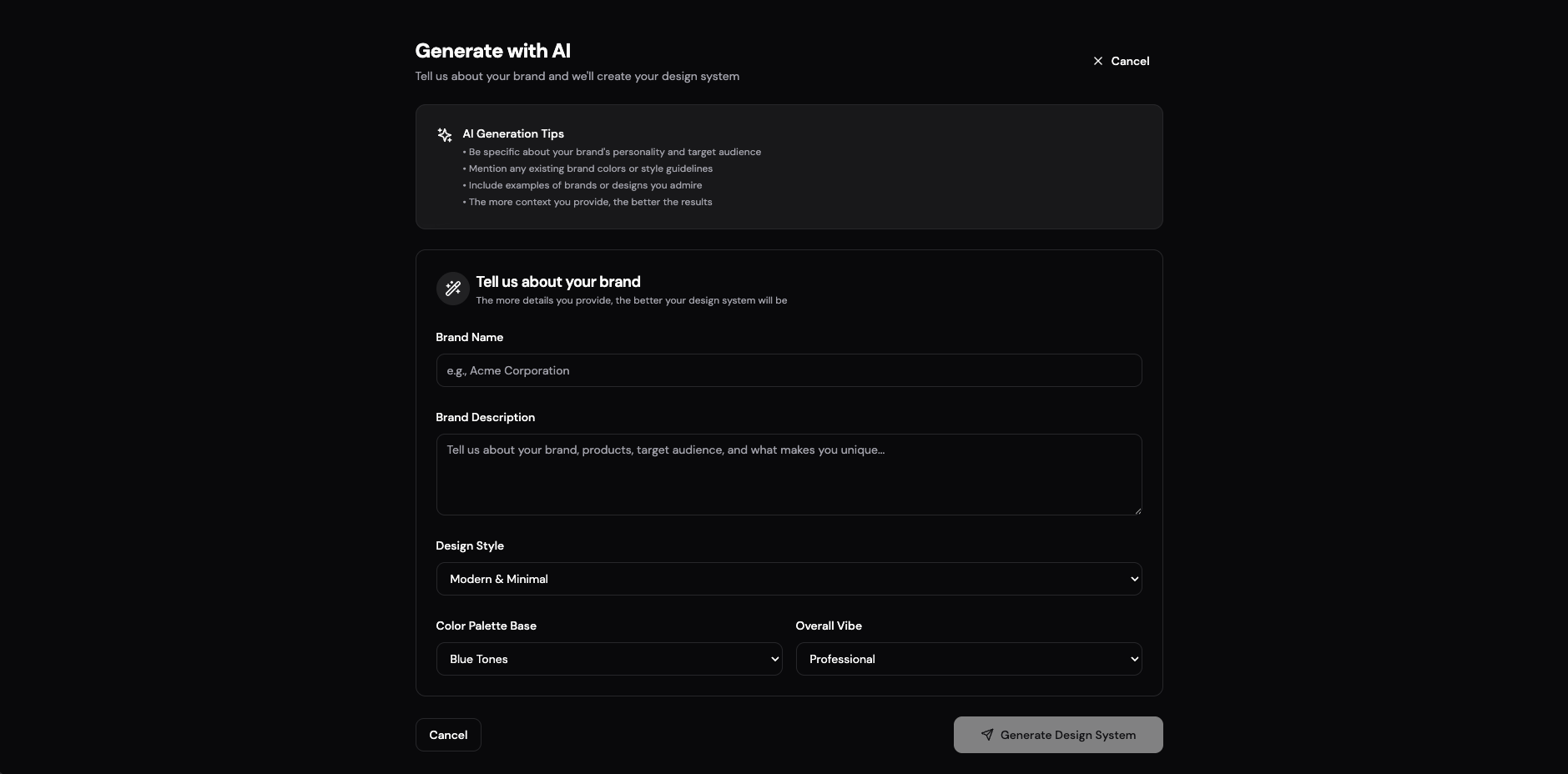 Mono AI generation flow for creating a design system.